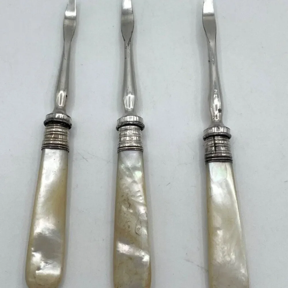 Antique Mother of Pearl & Silver Nut Picks Set of 3